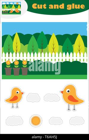 Gli Uccelli nel giardino cartoon, educazione gioco per lo sviluppo dei bambini di età prescolare, utilizzare forbici e colla per creare l'applique, tagliare parti del Illustrazione Vettoriale