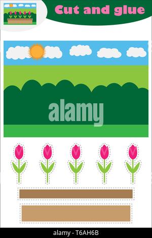 Fiori nel giardino cartoon, educazione gioco per lo sviluppo dei bambini di età prescolare, utilizzare forbici e colla per creare l'applique, tagliare parti di Illustrazione Vettoriale