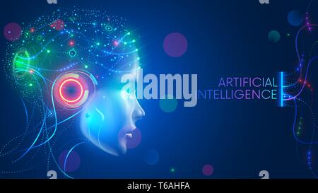 Intelligenza artificiale in testa umanoide con rete neurale pensa. AI con cervello digitale è di apprendimento di elaborazione dati di grandi dimensioni, informazioni di analisi. Faccia Illustrazione Vettoriale