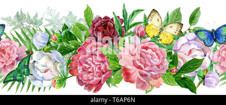 Acquerello fiori, frontiera senza giunture. Illustrazione floreale, foglie e germogli. Composizione botanico per il matrimonio o un biglietto di auguri. filiale di fiori - abstrac Foto Stock