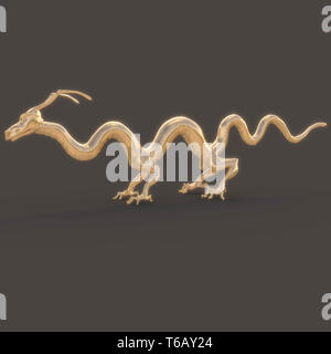 3D render. Statua dorata di una lunghissima dragone cinese Foto Stock