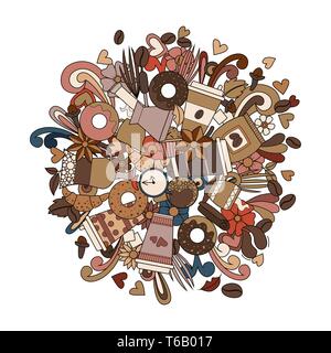 Caffè doodle design. Illustrazione Vettoriale. Cafe di bevande da asporto Illustrazione Vettoriale