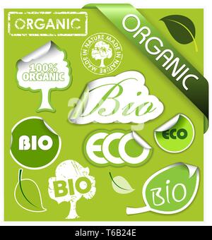 Set di bio, eco, elementi organici - le etichette, adesivi, timbri, nastri Illustrazione Vettoriale