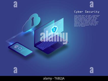 Piatto digitale isometrica cyber security concetto tecnologia sfondo vettoriale Illustrazione Vettoriale