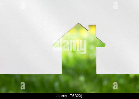 Casa astratto sull'erba verde. Eco House. Spazio di copia Foto Stock