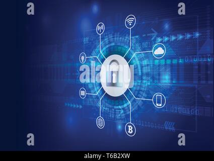 Il concetto di sicurezza. Il lucchetto chiuso sul digitale. Cyber Security. Abstract blu Hi Speed Internet tecnologia vettore illustrazione dello sfondo. Illustrazione Vettoriale