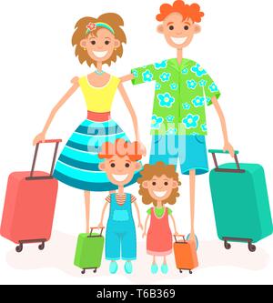 Famiglia va in vacanza, piatto colorato disegno. Personaggio dei fumetti da padre, madre e figli con la valigia su ruote vai al viaggio vacanza, è Illustrazione Vettoriale