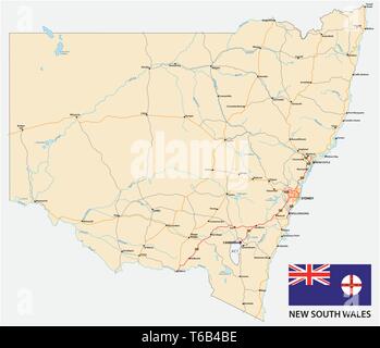 La mappa stradale di stato australiano del Nuovo Galles del Sud mappa con bandiera Illustrazione Vettoriale