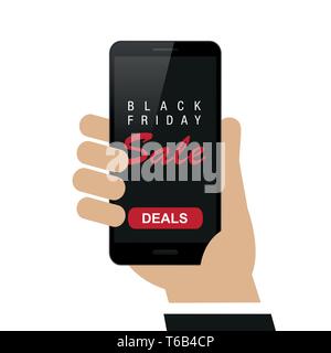 Mano trattiene smartphone con venerdì nero vendita offerte shopping concetto isolato su sfondo bianco illustrazione vettoriale EPS10 Illustrazione Vettoriale