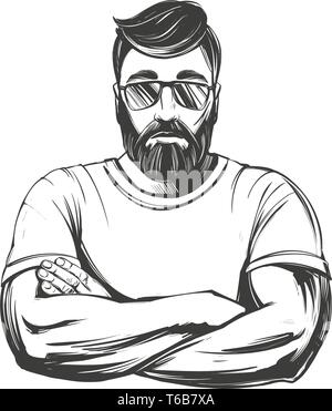 Barbuto uomo forte disegnati a mano illustrazione vettoriale disegno realistico Illustrazione Vettoriale