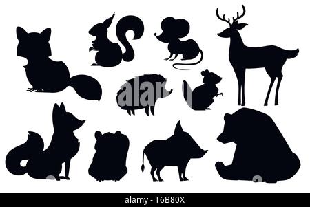 Animali della foresta set. Silhouette nera icona animale collezione. Predatore e mammiferi erbivori. Piatto illustrazione vettore isolato su sfondo bianco. Illustrazione Vettoriale