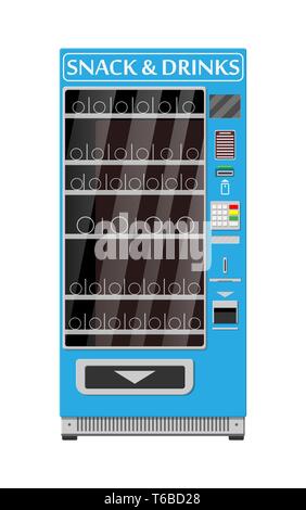 Distributore automatico vuoto per cibo e bevande. Bottiglie e lattine con bevande, patatine, cioccolato e altri spuntini. Illustrazione vettoriale in stile piatto Illustrazione Vettoriale