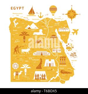 Delineare e silhouette Mappa di Egitto - illustrazione vettoriale disegnata con linee, isolato sullo sfondo con icone simboli Attrazioni di Egitto. Illustrazione Vettoriale