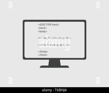 Icona HTML. Codice HTML nella schermata del computer. Illustrazione Vettoriale