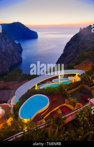 Tramonto dalla HACIENDA NA XAMENA Hotel. Sant Miquel. Ibiza. Isole Baleari. Spagna. Foto Stock