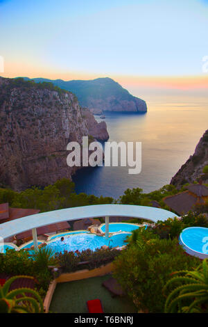 Tramonto dalla HACIENDA NA XAMENA Hotel. Sant Miquel. Ibiza. Isole Baleari. Spagna. Foto Stock