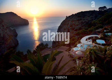 Tramonto dalla HACIENDA NA XAMENA Hotel. Sant Miquel. Ibiza. Isole Baleari. Spagna. Foto Stock