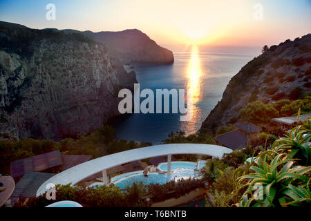 Tramonto dalla HACIENDA NA XAMENA Hotel. Sant Miquel. Ibiza. Isole Baleari. Spagna. Foto Stock