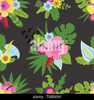 Modello senza cuciture con foglie tropicali e fiori. Illustrazione Vettoriale