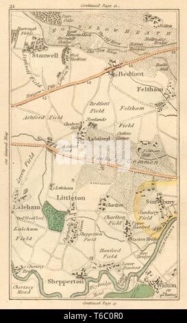 WALTON-ON-THAMES.Feltham,Sunbury,Shepperton,Staines,Chertsey,Heathrow 1811 mappa Foto Stock