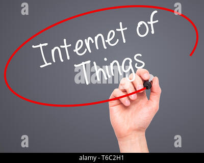 Man mano che scrive Internet delle cose con pennarello nero su schermo visivo Foto Stock