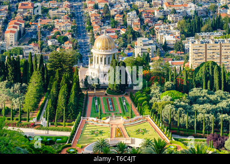 Israele, Distretto di Haifa, Haifa. Baha'i giardini e il santuario del Bab, e gli edifici nel centro cittadino di Haifa visto dal Monte Carmelo. Foto Stock