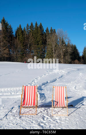 Österreich, Niederösterreich, Lackenhof am Ötscher, Liegestühle im Schnee am Mandlboden Foto Stock