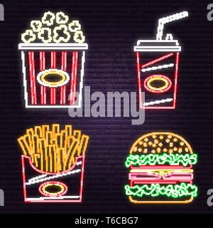 Neon retrò burger, cola, popcorn e patatine fritte segno su un muro di mattoni dello sfondo. Design per cafe, il ristorante. Vettore. Neon design per pub o fast food business. Insegna luminosa banner. Tubo di vetro. Illustrazione Vettoriale