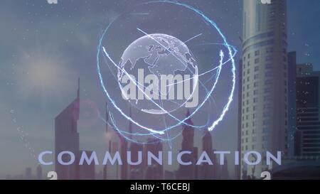 Il testo della comunicazione con ologramma tridimensionale del pianeta terra contro lo sfondo della moderna metropoli Foto Stock