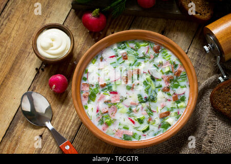 Delizioso pranzo estivo. Primavera-estate yogurt zuppa fredda di verdure fresche e kefir su tavola in legno rustico. Foto Stock