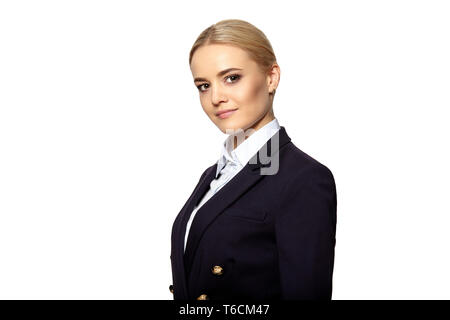 Ritratto di bella bionda in abito di business. Studio shot isolato su sfondo bianco. Foto Stock
