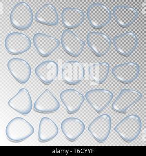 Set di chiara realistico di gocce d'acqua. Varie forme di condensa di acqua design, splash. Illustrazione Vettoriale