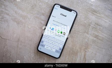 Apple Iphone XS spazio sullo schermo grigio con Apple in Impostazioni di iCloud Foto Stock