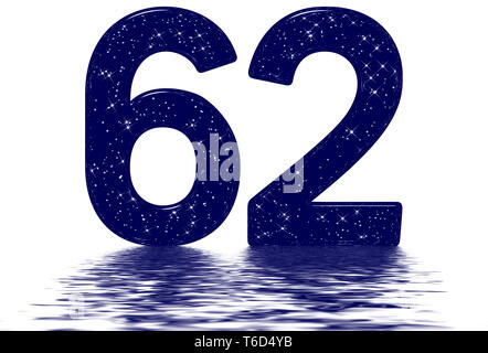 Il numero di riferimento 62, sessanta due, star sky texture imitazione, riflessa sulla superficie dell'acqua, isolato su bianco, 3D render Foto Stock