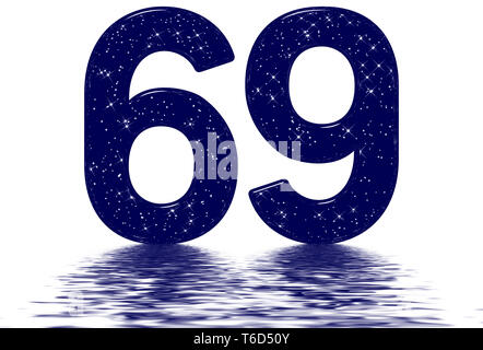 Il numero di riferimento 69, sessanta nove, star sky texture imitazione, riflessa sulla superficie dell'acqua, isolato su bianco, 3D render Foto Stock