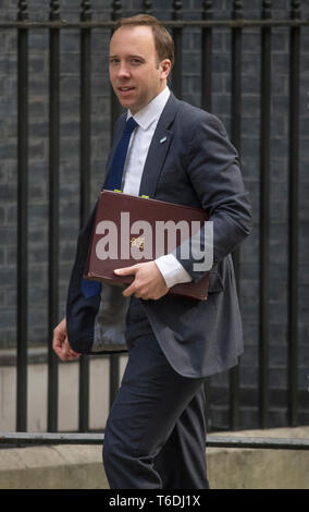 Londra, 30 aprile 2019. Segretaria di salute Matt Hancock in arrivo per il settimanale di riunione del gabinetto al 10 di Downing Street. Credito: Malcolm Park/Alamy Foto Stock