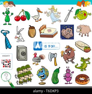 Illustrazione del fumetto di trovare foto che iniziano con la lettera A il gioco didattico Foglio di lavoro per i bambini Illustrazione Vettoriale