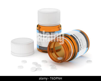 3D render di idrocodone a bottiglie con le pillole. Analgesico composto chimico organico concetto. Foto Stock