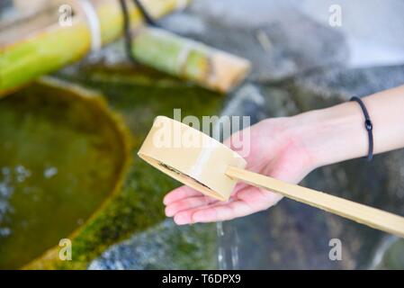 Mano con un mestolo di legno per purificare presso un santuario giapponese Foto Stock