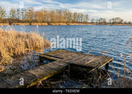 Piattaforma di pesca sul lago Stankow in Polonia orientale, onde e alberi laefless Foto Stock