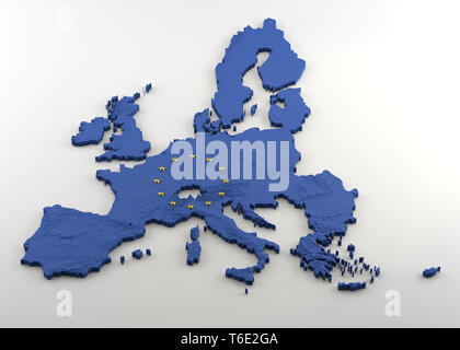 Mappa di estruso di unione politica con rilievo compresi Regno Unito prima di una prevista Brexit. La texture fatta di blu bandiera UE con stella d'oro Foto Stock