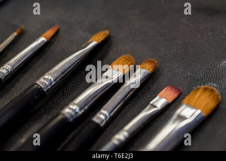 Set di pennelli per il trucco giacente sulla superficie scura vicino Foto Stock