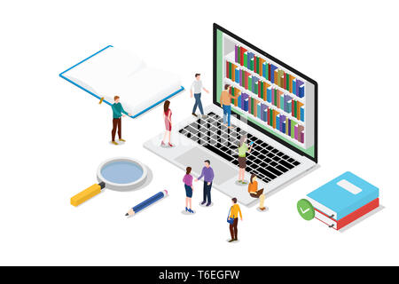 Isometrica, 3d online il concetto di lettura con libri o ebook insieme con il team di persone che leggono con un moderno stile piatto - illustrazione vettoriale Foto Stock
