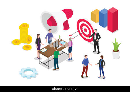 Isometrica, 3d business il concetto di strategia con il team di persone che lavorano insieme dibattere e discutere con rapporto grafico - illustrazione vettoriale Foto Stock