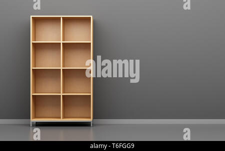 Ufficio in legno armadio ripiano nella parte anteriore del muro grigio Foto Stock