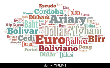 Wordcloud illustrazione di valute del mondo Foto Stock