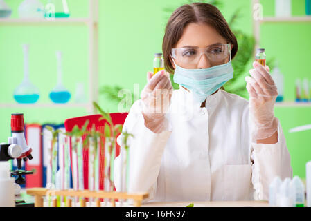 Bellissima femmina scienziato Biotecnologia Farmacia lavorando nel laboratorio Foto Stock