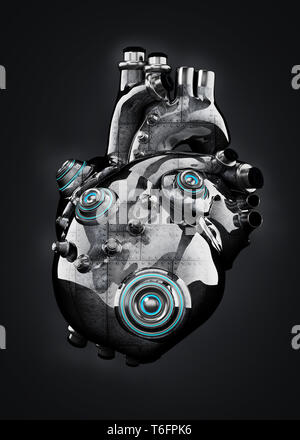 Meccanico artificiale chrome cuore isolato sul nero. 3D'illustrazione. Foto Stock