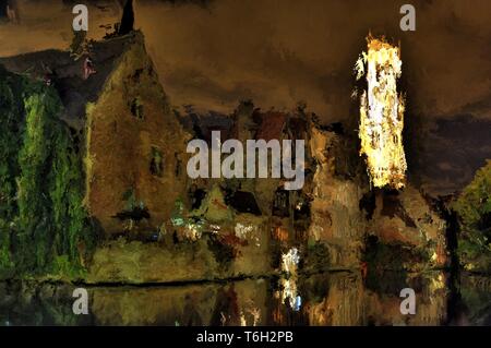 La pittura digitale di Bruges di notte Foto Stock