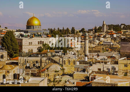 Vista panoramica della vecchia Gerusalemme e la Cupola della Roccia moschea, Israele. Foto Stock